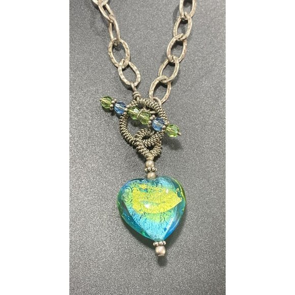 925 PEY Necklace Oval Hammered Link Puffy Heart Pendant Toggle Closure 17in - Picture 2 of 6